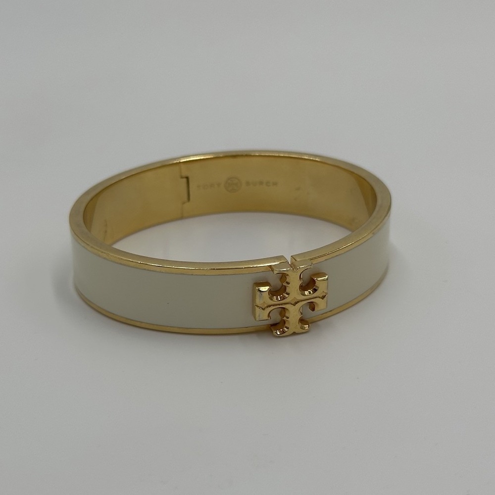 Tory Burch Kira‎ Logo Hinged Bangle Bracelet White Enamel 18k Gold Plated Double